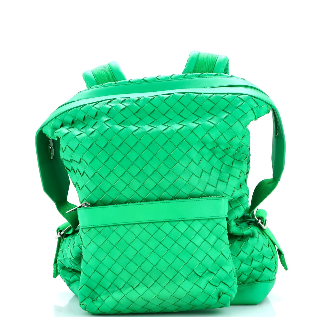 Bottega Veneta Front Pocket Backpack Intrecciato Nappa: Bottega Veneta Front Pocket Backpack, Intrecciato nappa. A structured day bag that keeps its shape. Measurements run 13"W x 19"H x 5.5"D, 3.5" handle drop and 14" strap drop. Comes in Grade B - Excell