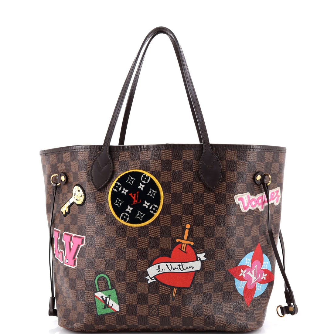Louis Vuitton Neverfull NM Tote Limited Edition Patches Monogram Canvas: Louis Vuitton Neverfull NM Tote, cut in Limited Edition Patches Monogram canvas. Roomy and self-effacing, it swallows a laptop, a folder and a lunch without complaint. Footprint is 12"W x 11"H x 6"D, 
