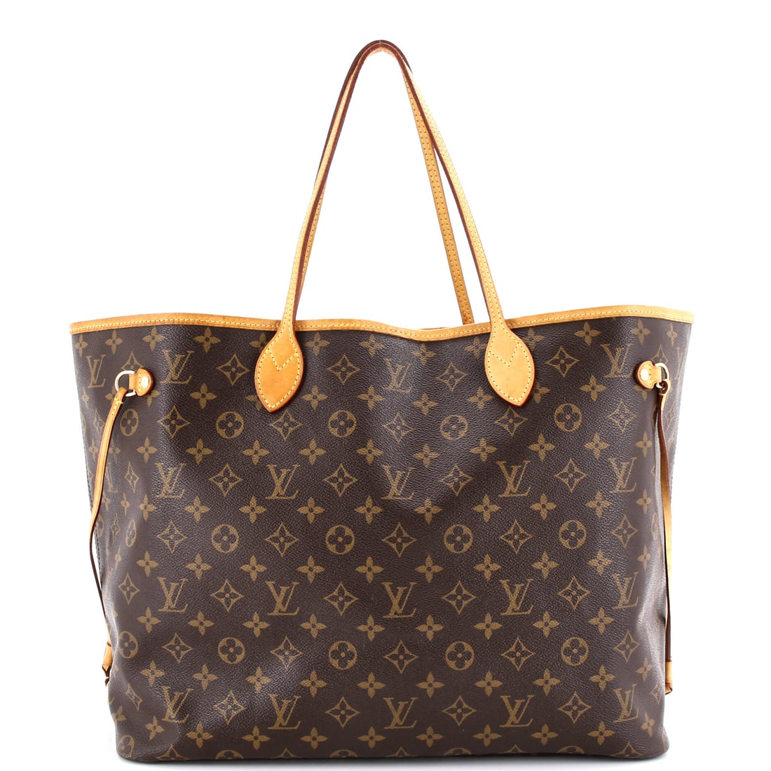 Louis Vuitton Neverfull NM Tote Monogram Canvas: Monogram canvas, on a Louis Vuitton Neverfull NM Tote. Roomy and self-effacing, it swallows a laptop, a folder and a lunch without complaint. Measurements run 15.5"W x 12.5"H x 8"D, 8" handle drop. Of