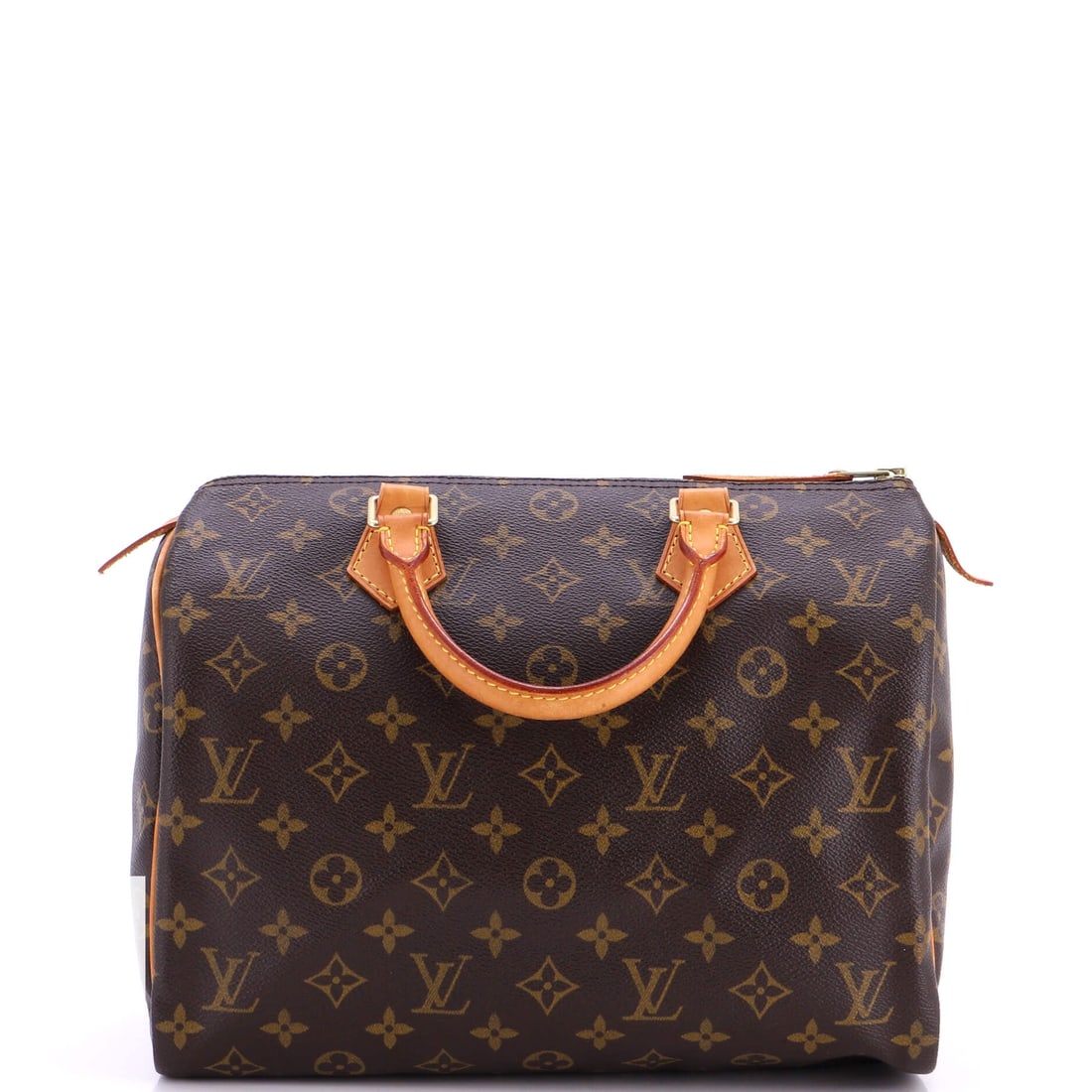 Louis Vuitton Speedy Handbag Monogram Canvas: The Louis Vuitton Speedy Handbag. A barrel silhouette with a single zip and short handles, made for in-and-out daily use. 12"W x 8"H x 7"D, 3.5" handle drop and 23" strap drop, so the scale is easy to