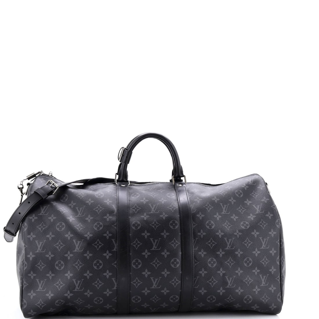 Louis Vuitton Keepall Bandouliere Bag Monogram Eclipse Canvas: Louis Vuitton's Keepall Bandouliere Bag, cut in Monogram Eclipse canvas. The Bandouliere cut adds the removable shoulder strap, so it carries as a duffel or rides crossbody through a terminal. 21.5"W 