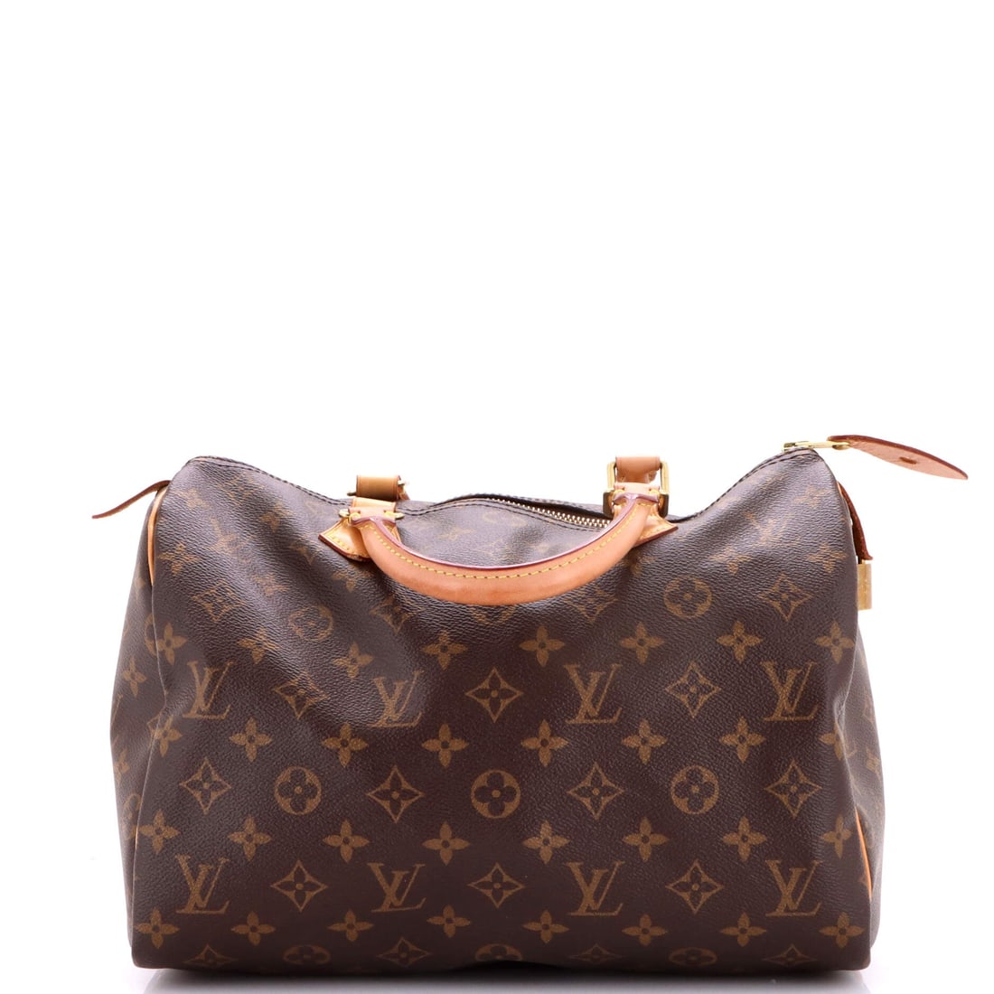 Louis Vuitton Speedy Handbag Monogram Canvas: A Louis Vuitton Speedy Handbag in Monogram canvas. Small, firm and quick to open, it is the go-bag the line built its name on. Sized at 12"W x 9"H x 7"D, 3.5" handle drop. Shows as Grade C - Very Good