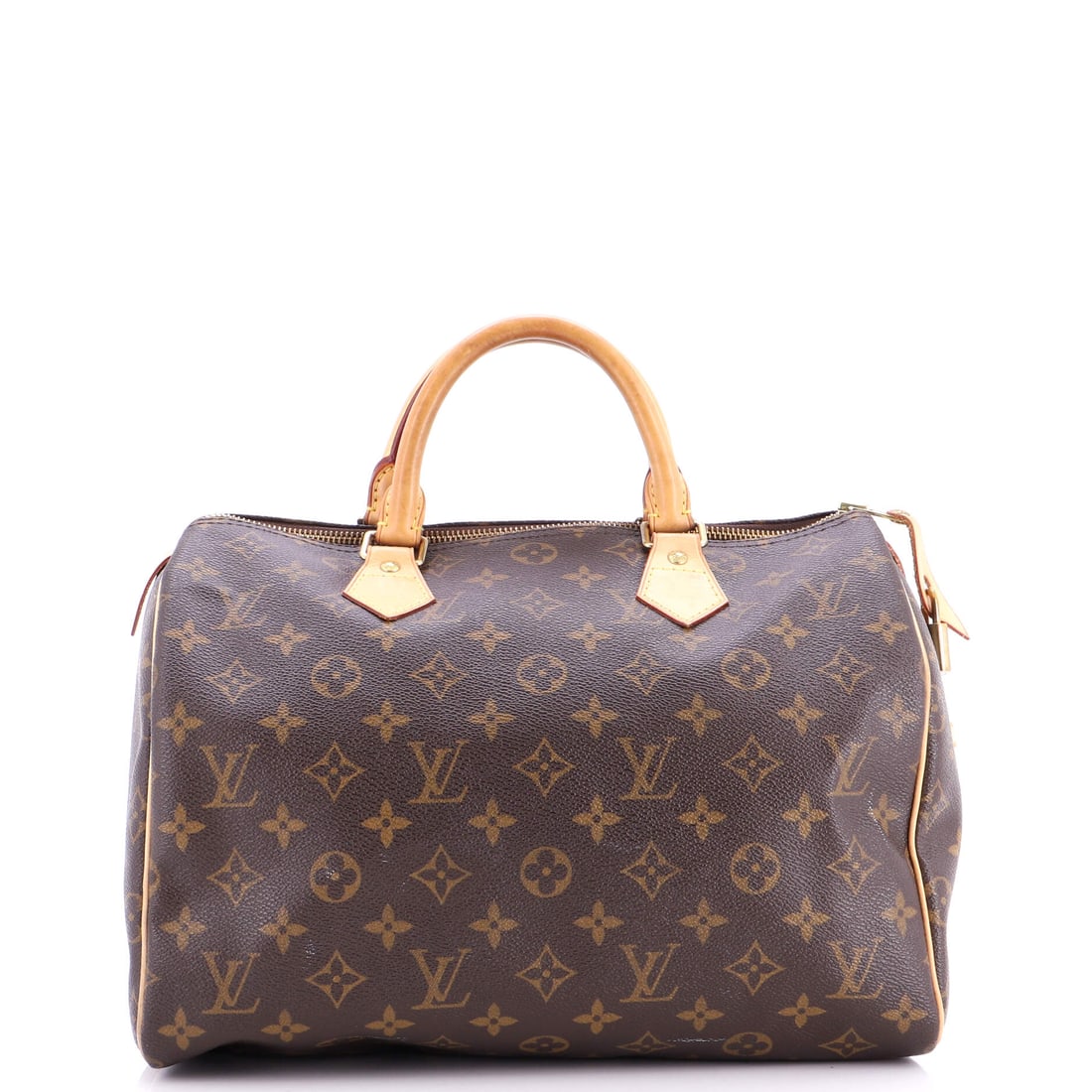 Louis Vuitton Speedy Bandouliere Bag Monogram Canvas: Monogram canvas defines this Louis Vuitton Speedy Bandouliere Bag. The added strap lets the barrel shape ride crossbody, which is most of why this version sells. Measurements run 12.5"W x 8"H x 7"D, 3