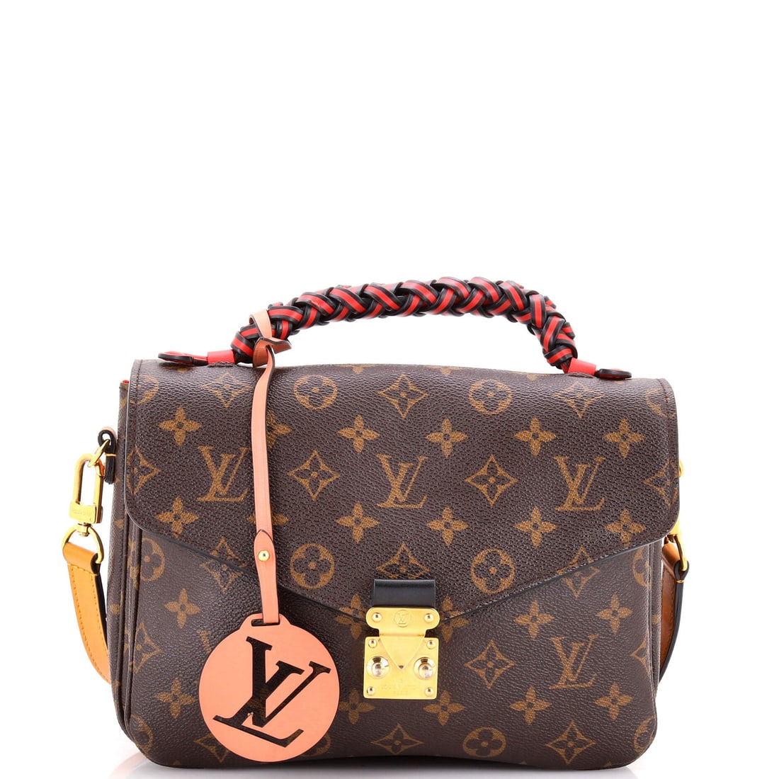 Louis Vuitton Braided Handle Pochette Metis Monogram Canvas with Leather: Here, the Louis Vuitton Braided Handle Pochette Metis. Three compartments behind one flap, on a slim body that works from desk to dinner. 10"W x 8"H x 3"D, 2" handle drop and 21.5" strap drop on the b