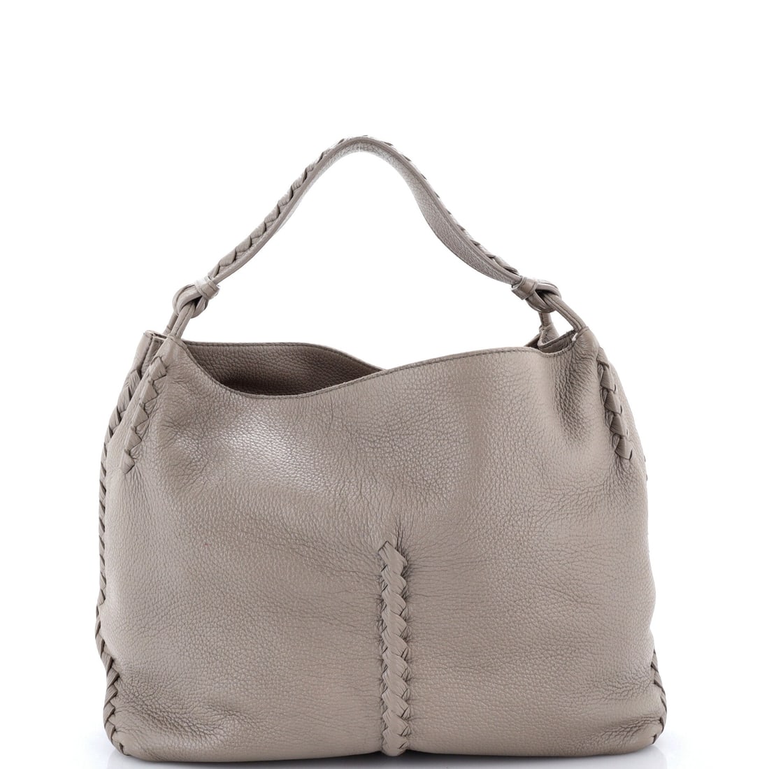 Bottega Veneta Open Hobo Cervo with Intrecciato Detail: Bottega Veneta Open Hobo, Cervo with Intrecciato Detail. A soft hobo cut for an easy shoulder carry. Measurements run 14"W x 11"H x 6.5"D, 4" handle drop. Offered in Grade C - Very Good condition. Mai
