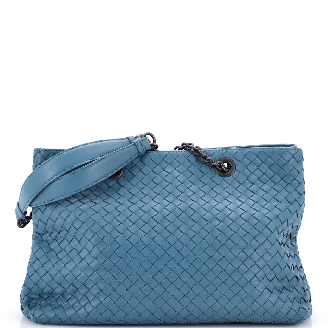 Bottega Veneta Double Chain Tote Intrecciato Nappa: Bottega Veneta Double Chain Tote in Intrecciato nappa. An open tote with a roomy, upright body. Sized at 13"W x 10"H x 5.5"D, 9.5" handle drop and 9.5" strap drop. Grade C - Very Good throughout. Mais