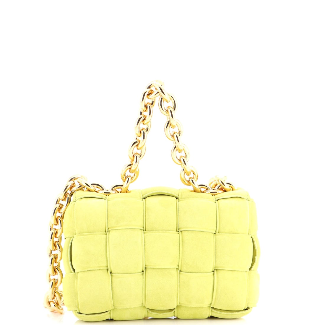 Bottega Veneta Cassette Chain Crossbody Bag Padded Maxi Intrecciato Suede: A Bottega Veneta Cassette Chain Crossbody Bag in padded maxi Intrecciato suede. Squared and softly padded, it works crossbody or short on the shoulder. Scale sits at 9"W x 7"H x 3"D, 6" handle drop an