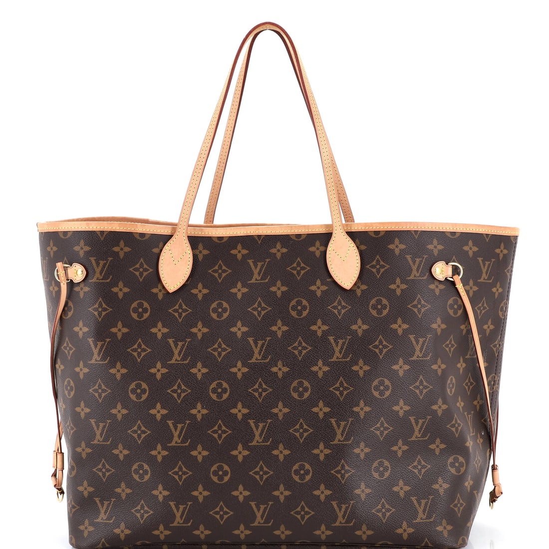Louis Vuitton Neverfull NM Tote Monogram Canvas: Monogram canvas, on a Louis Vuitton Neverfull NM Tote. The everyday carryall of the house, equally at ease with groceries or a work bag. At 15.5"W x 12"H x 7.5"D, 8" handle drop and 8" strap drop, the