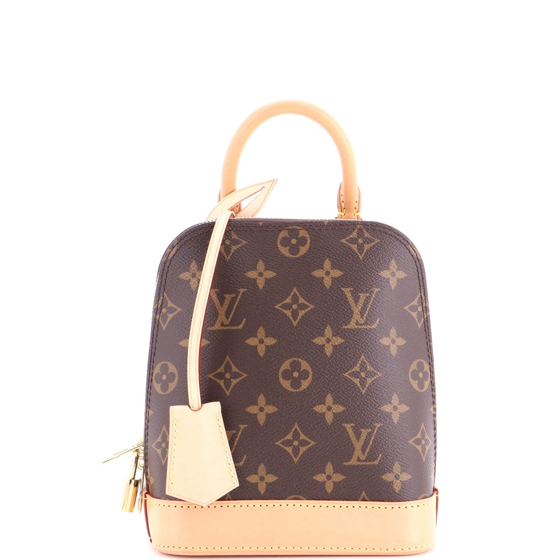 Louis Vuitton Alma Backpack Monogram Canvas: Louis Vuitton's Alma Backpack, cut in Monogram canvas. One of the more put-together shapes in the line, with a frame that holds its line. Dimensions are 6.5"W x 8"H x 4"D, 3" handle drop and 18" strap