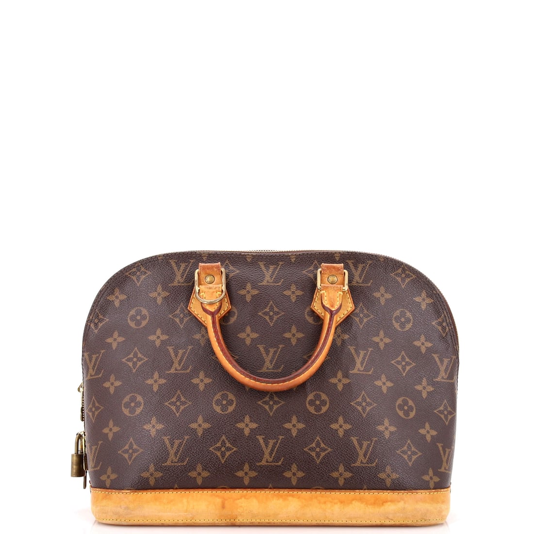 Louis Vuitton Alma Handbag Monogram Canvas: Monogram canvas on the Louis Vuitton Alma Handbag. One of the more put-together shapes in the line, with a frame that holds its line. 12"W x 9"H x 6"D, 3" handle drop and 23" strap drop on the body. C