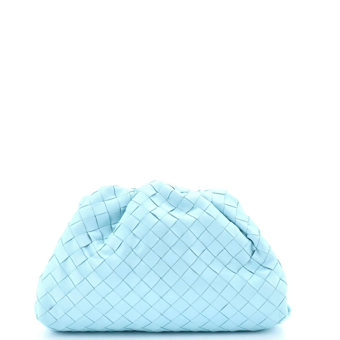 Bottega Veneta The Pouch Intrecciato Nappa: A Bottega Veneta The Pouch in Intrecciato nappa. A gathered, sculptural clutch that folds in on itself, equal parts evening bag and object. 11.5"W x 6"H x 5"D, so the scale is easy to picture. An easy