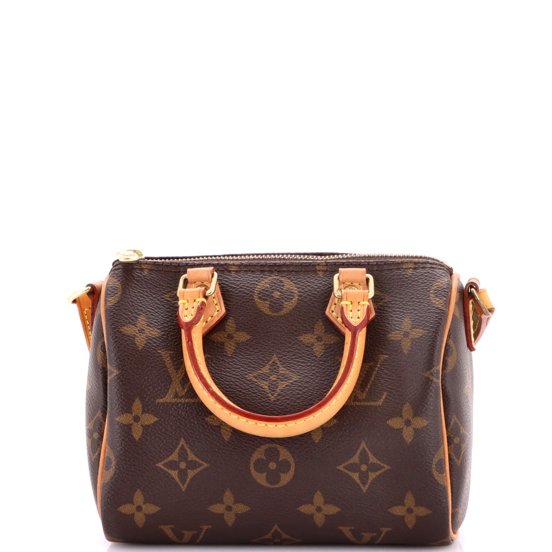 Louis Vuitton Speedy Bandouliere Bag Monogram Canvas: Monogram canvas, on a Louis Vuitton Speedy Bandouliere Bag. The added strap lets the barrel shape ride crossbody, which is most of why this version sells. Measurements run 6"W x 4"H x 4"D, 2" handle d
