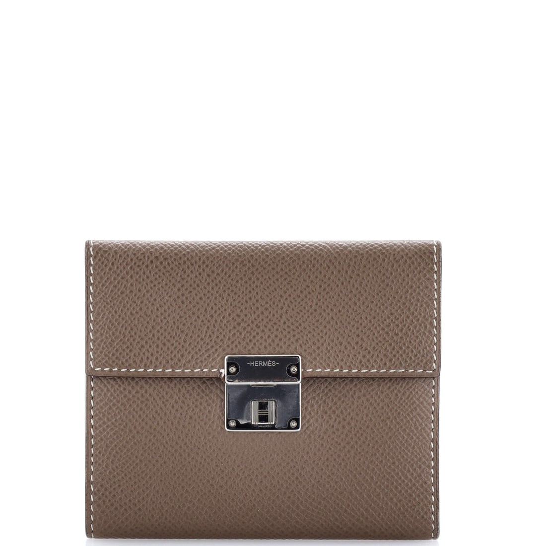 Hermes Clic Wallet Epsom: The Hermes Clic Wallet. An enamel-over-metal bangle with a snap closure and printed signature, a color piece more than a precious one. At 4"W x 4"H x 1"D, the proportions read true to the line. Organi