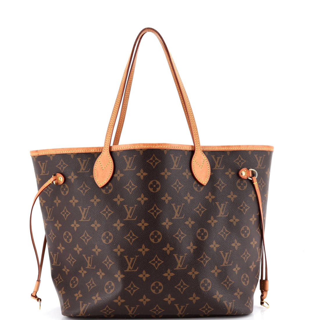 Louis Vuitton Neverfull Tote Monogram Canvas: Monogram canvas defines this Louis Vuitton Neverfull Tote. The unstructured body and flat handles make it the workhorse tote of the lineup. Dimensions are 12"W x 11"H x 7"D, 8" handle drop and 8" stra