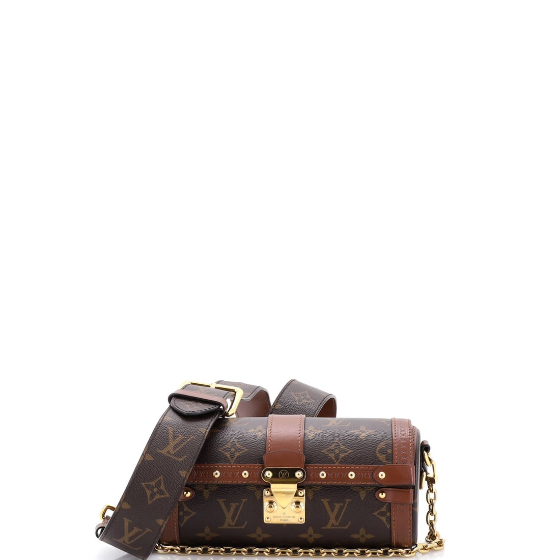 Louis Vuitton Papillon Trunk Bag Monogram Canvas: Here, the Louis Vuitton Papillon Trunk Bag. A structured day bag that keeps its shape. Scale sits at 8"W x 4"H x 4"D, 6.5" handle drop and 22" strap drop. Comes in Grade C - Very Good condition. Maiso