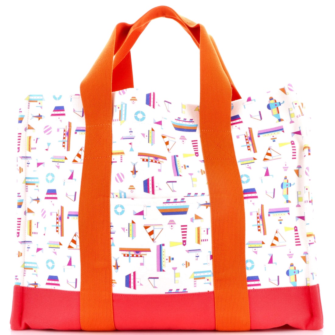 Hermes Petit Chartier Nappy Bag Printed Toile: A Hermes Petit Chartier Nappy Bag in printed Toile. A clean-lined handbag built for everyday carry. Footprint is 18.5"W x 14.5"H x 9.5"D, 7" handle drop. A polished day bag that holds its shape throug