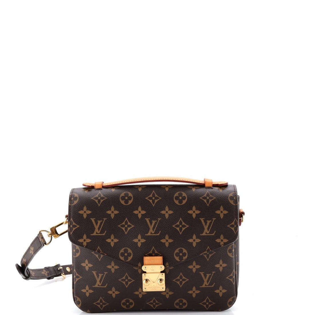 Louis Vuitton Pochette Metis Monogram Canvas: Louis Vuitton Pochette Metis, Monogram canvas. A compact, structured crossbody with a front flap and a genuinely organized interior, popular for exactly that reason. It carries at 10"W x 7"H x 3"D, 1"