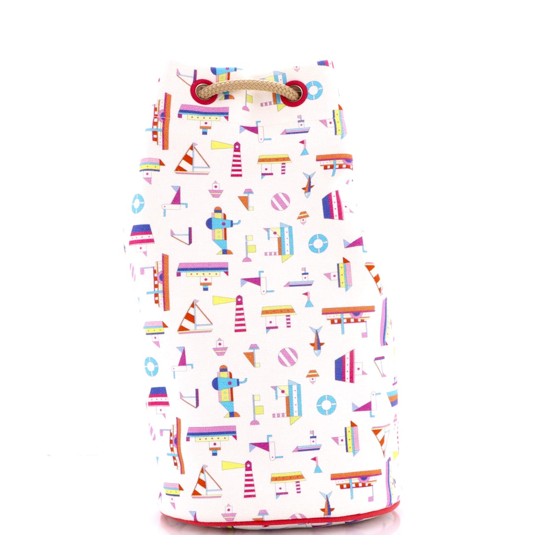 Hermes Petit Chalutier Duffle Bag Printed Canvas: Hermes Petit Chalutier Duffle Bag, cut in printed canvas. A clean-lined handbag built for everyday carry. At 7.5"W x 14.5"H x 7.5"D, 11.5" strap drop, the proportions read true to the line. The condit