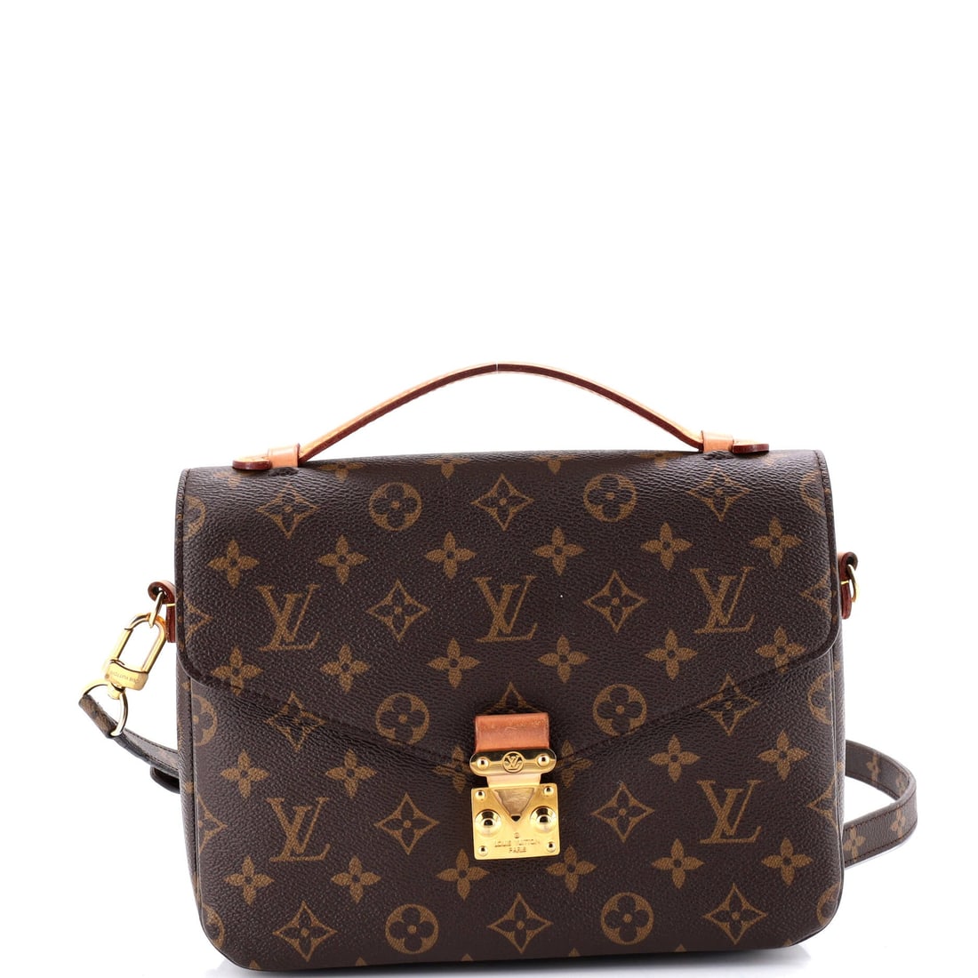 Louis Vuitton Pochette Metis Monogram Canvas: Monogram canvas, on a Louis Vuitton Pochette Metis. A compact, structured crossbody with a front flap and a genuinely organized interior, popular for exactly that reason. At 10"W x 7"H x 3"D, 1" handl
