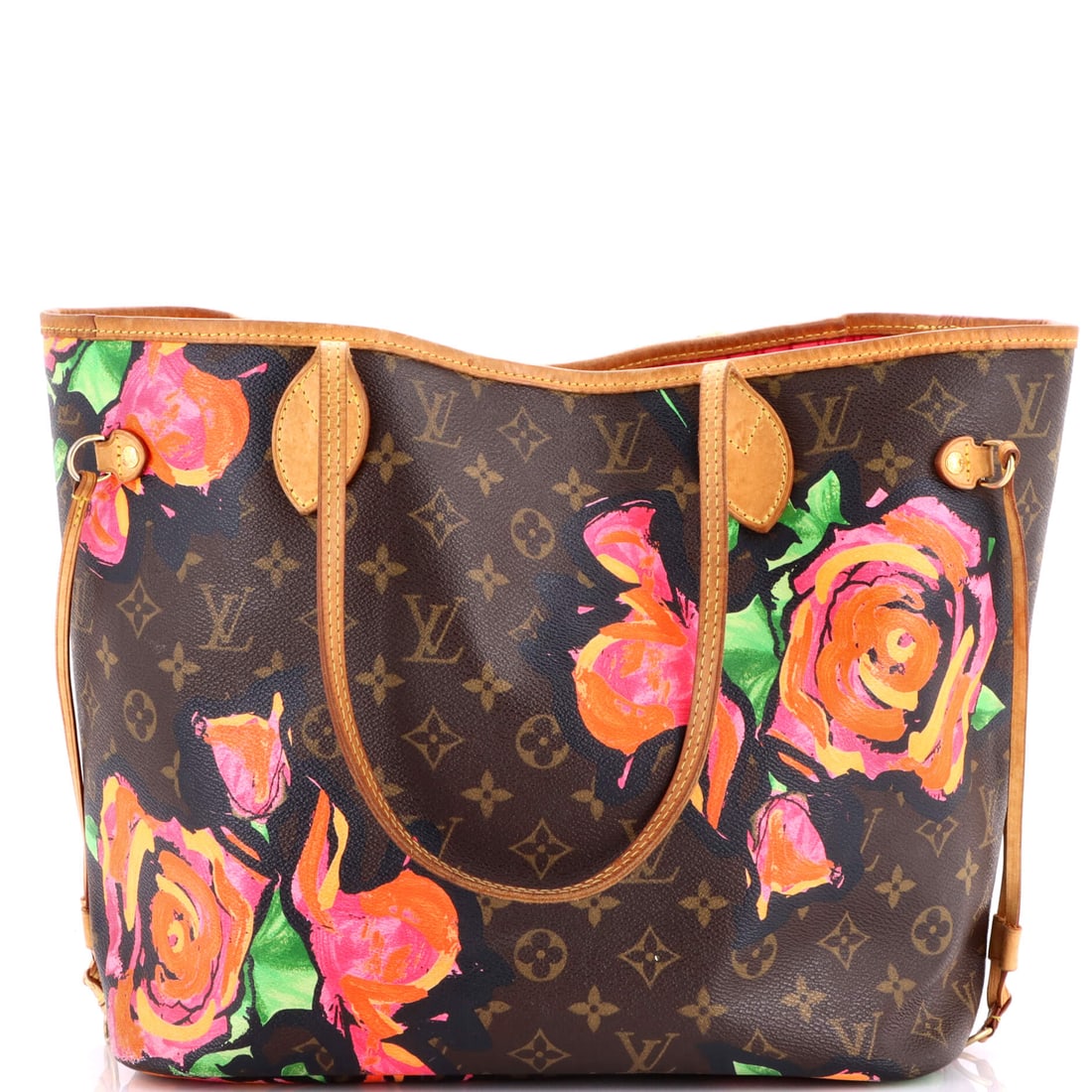 Louis Vuitton Neverfull Tote Limited Edition Monogram Roses: Louis Vuitton's Neverfull Tote in Limited Edition Monogram Roses. Cinch the sides for shape or let them out for capacity; either way it carries flat on the shoulder. Sized at 15"W x 11"H x 6"D, 8.5" h