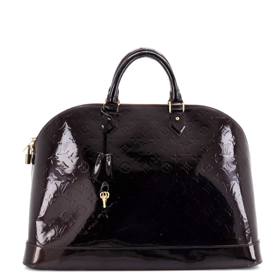 Louis Vuitton Alma Handbag Monogram Vernis: Louis Vuitton Alma Handbag, Monogram Vernis. The shell-shaped body and top zip make it one of the more formal day bags in the range. It measures 17"W x 11.5"H x 7"D, 4" handle drop. Structured enough 