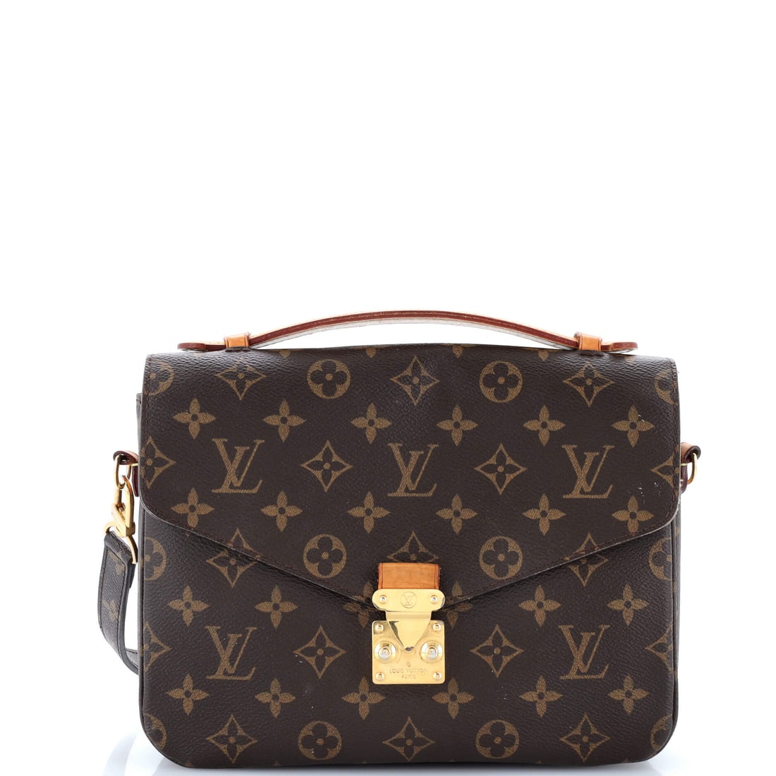 Louis Vuitton Pochette Metis Reverse Monogram Canvas: Louis Vuitton Pochette Metis, cut in reverse Monogram canvas. Three compartments behind one flap, on a slim body that works from desk to dinner. Measurements run 9.5"W x 8"H x 3"D, 1" handle drop and 