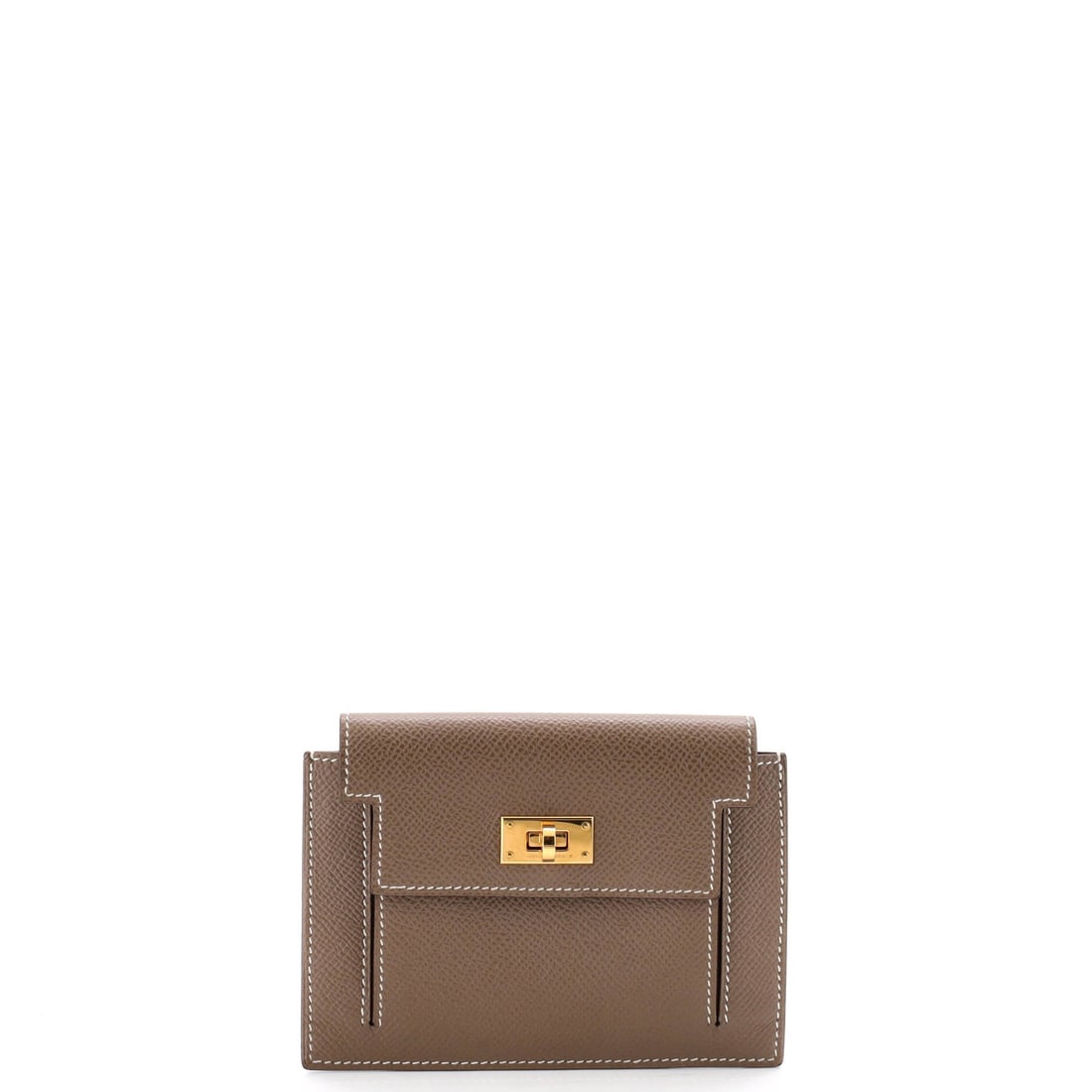 Hermes Kelly Pocket Compact Wallet Epsom: Capacity is the surprise - card slots, a flat bill compartment and a zip pocket all live inside a 5"W x 4"H x 1"D footprint. Epsom's fine cross-hatch grain keeps the corners crisp and the whole thing 