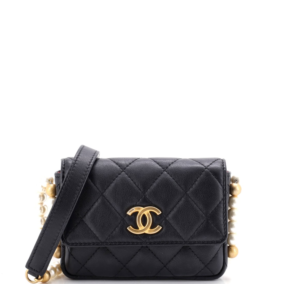 Chanel About Pearls Flap Card Holder with Chain Quilted Calfskin: Worn on the chain it reads as a mini bag; set inside a tote it is simply a card holder - few Chanel pieces move between those two jobs as easily. Quilted calfskin with pearl-set hardware across 5"W x 