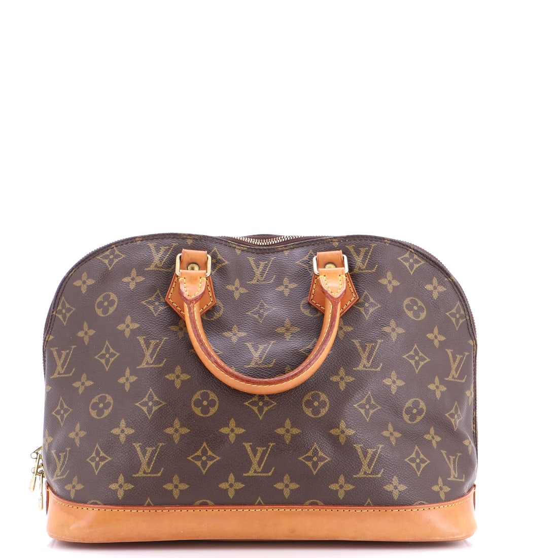 Louis Vuitton Alma Handbag Monogram Canvas: MM is the middle of the Alma range and arguably the most usable, holding the domed silhouette at 12"W x 9"H x 6"D without tipping into evening-bag scale. Rolled 3" handles keep it in the hand; the 20-