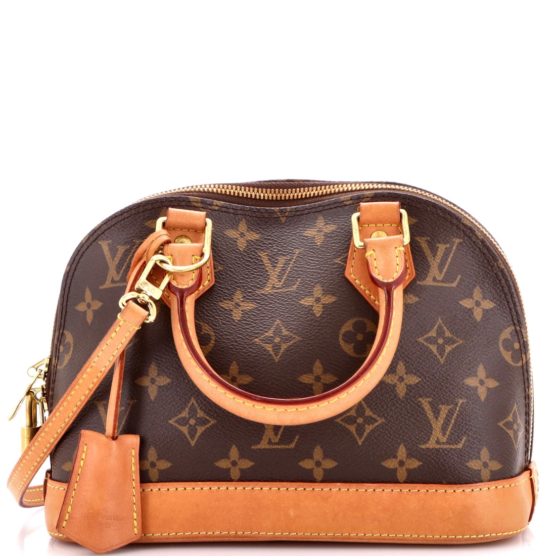 Louis Vuitton Alma Handbag Monogram Canvas: Coated monogram canvas over the Alma's structured dome - the shape holds itself upright whether the bag is full or empty. The BB is the smallest of the family at 9.5"W x 7"H x 4.5"D, hand-carried on a