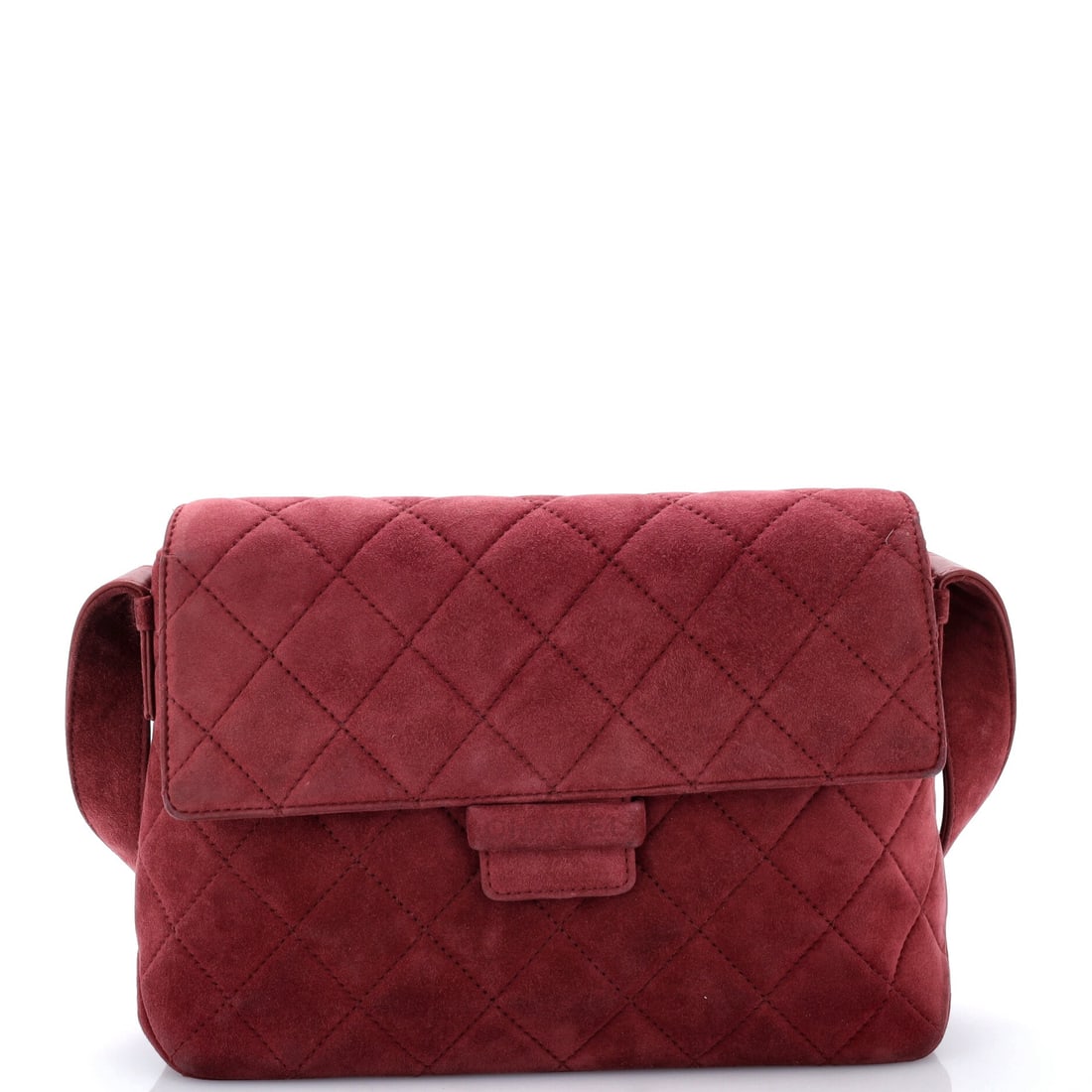 Chanel Vintage Flap Shoulder Bag Quilted Suede: Quilted suede is the less common surface for a vintage Chanel flap - matte where lambskin is glossy, and it holds the diamond stitch with a deeper shadow. The Medium measures 10.5"W x 9.5"H x 2"D, wor