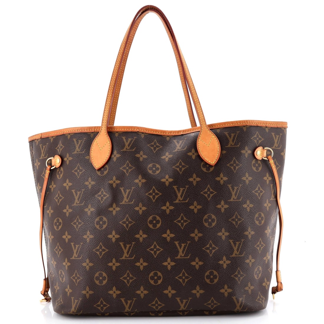 Louis Vuitton Neverfull NM Tote Monogram Canvas: Its removable zip pochette is intact here, and that matters - the small pouch is usually the first thing to go missing on a Neverfull, and buyers look for it. The MM body runs 13 inches wide, 11 tall 