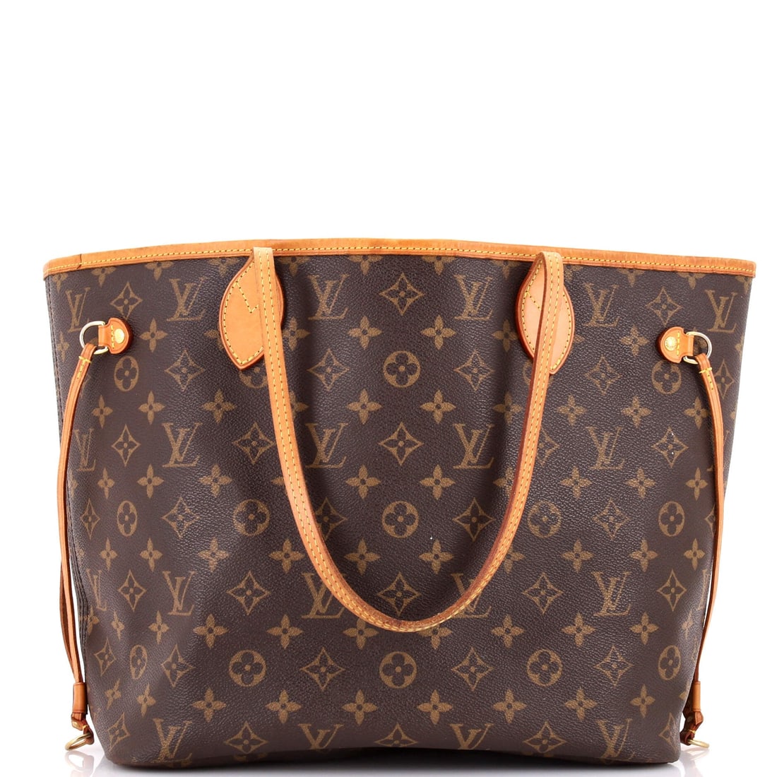 Louis Vuitton Neverfull NM Tote Monogram Canvas: Side laces let the MM pull in tight or open all the way out, which is how one Neverfull covers a commute, a gym bag and a weekend carry. 12"W x 11"H x 7"D with an 8" handle drop, enough to clear a win