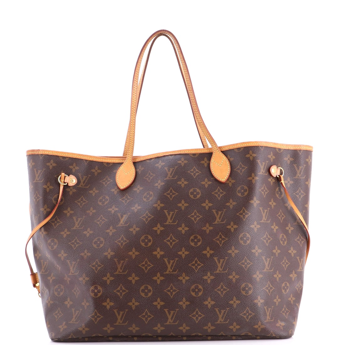 Louis Vuitton Neverfull NM Tote Monogram Canvas: GM is the Neverfull for people who actually carry things - 15.5"W x 11"H x 7"D swallows a laptop, a change of shoes and a folder, and the 8" handle drop still clears the shoulder. Side laces cinch the