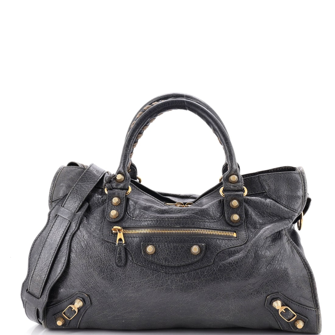 Balenciaga City Classic Studs Bag Leather: The City is the bag that defined a decade of Balenciaga, and the studded classic hardware version is the one collectors still ask for by name. Medium runs 14.5 inches wide by 9 high with 5.5 inches of