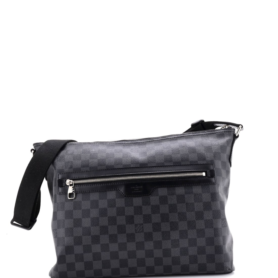 Louis Vuitton Mick Messenger Bag Damier Graphite: Fourteen inches wide, twelve tall, four deep. The Mick MM is sized for a laptop and a day's paperwork with room left over, and Damier Graphite keeps it discreet on a commute. The strap swings from 14 