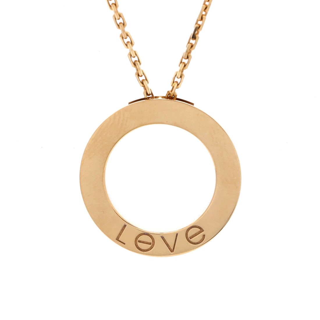 Cartier Love Pendant Necklace 18K Yellow Gold: Cartier Love pendant necklace in 18K yellow gold, the screw-motif circle on a fine chain. Unset, the screw motif has to carry the design alone, which is why the finish matters here. It adjusts from 15