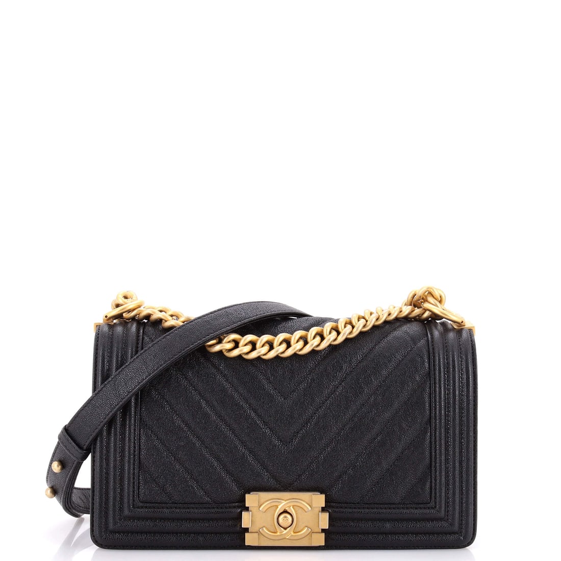 Chanel Boy Flap Bag Chevron Caviar: The Boy flap takes a harder line than the Classic Flap, and this one comes in chevron caviar, pebbled calfskin cut in the V-pattern rather than the diamond grid. The chain threads through leather rath