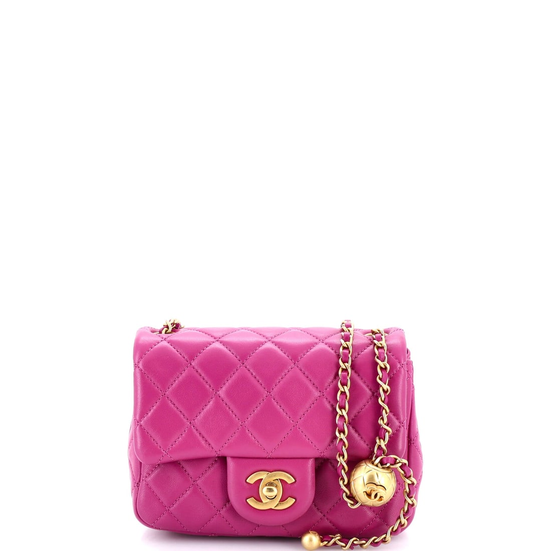 Chanel Pearl Crush Square Flap Bag Quilted Lambskin: Chanel Pearl Crush square flap in quilted lambskin, pairing the compact square cut with a pearl chain. The square body keeps the pearls in proportion, which the larger cuts of the line do not always m