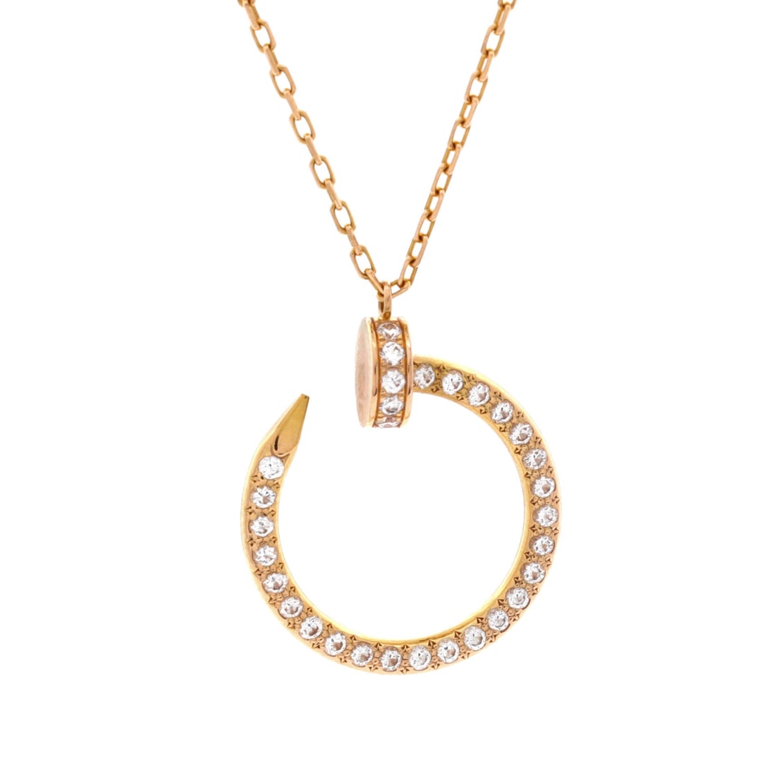 Cartier Juste un Clou Pendant Necklace 18K Rose Gold and Pave Diamonds: Cipullo's nail at pendant scale, made in 18K rose gold pave-set with diamonds. It pairs directly with the Juste un Clou bracelets for buyers building the line. The chain runs 15.25 to 16 inches; the p