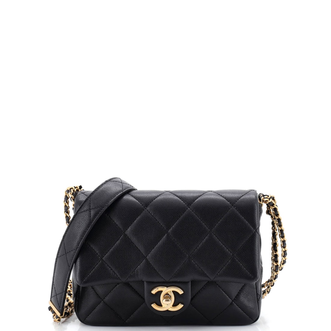 Chanel CC Triple Chain Flap Bag Quilted Caviar: Chanel CC Triple Chain Flap Bag in quilted caviar, Chanel's pebbled calfskin, named for the look of its grain. Quilting is aligned across the flap and body, and that alignment is part of what separate