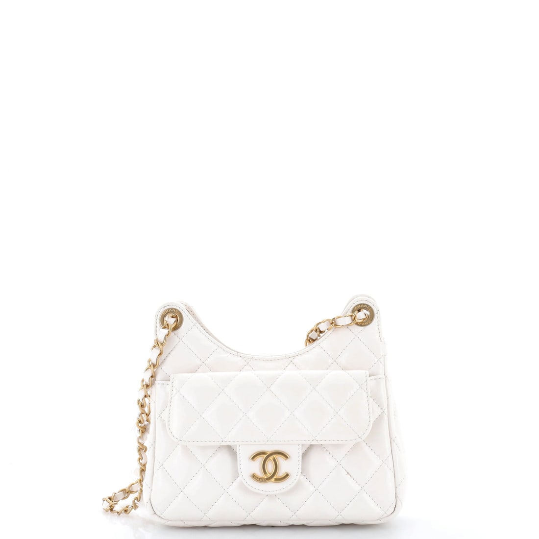 Chanel Wavy CC Hobo Quilted Crumpled Calfskin: Chanel Wavy CC hobo in quilted crumpled calfskin, with a wave-cut top line. The soft body collapses when lightly loaded. This is the Small, at 8W x 6.5H x 2.5D inches. Curving the top line softens the