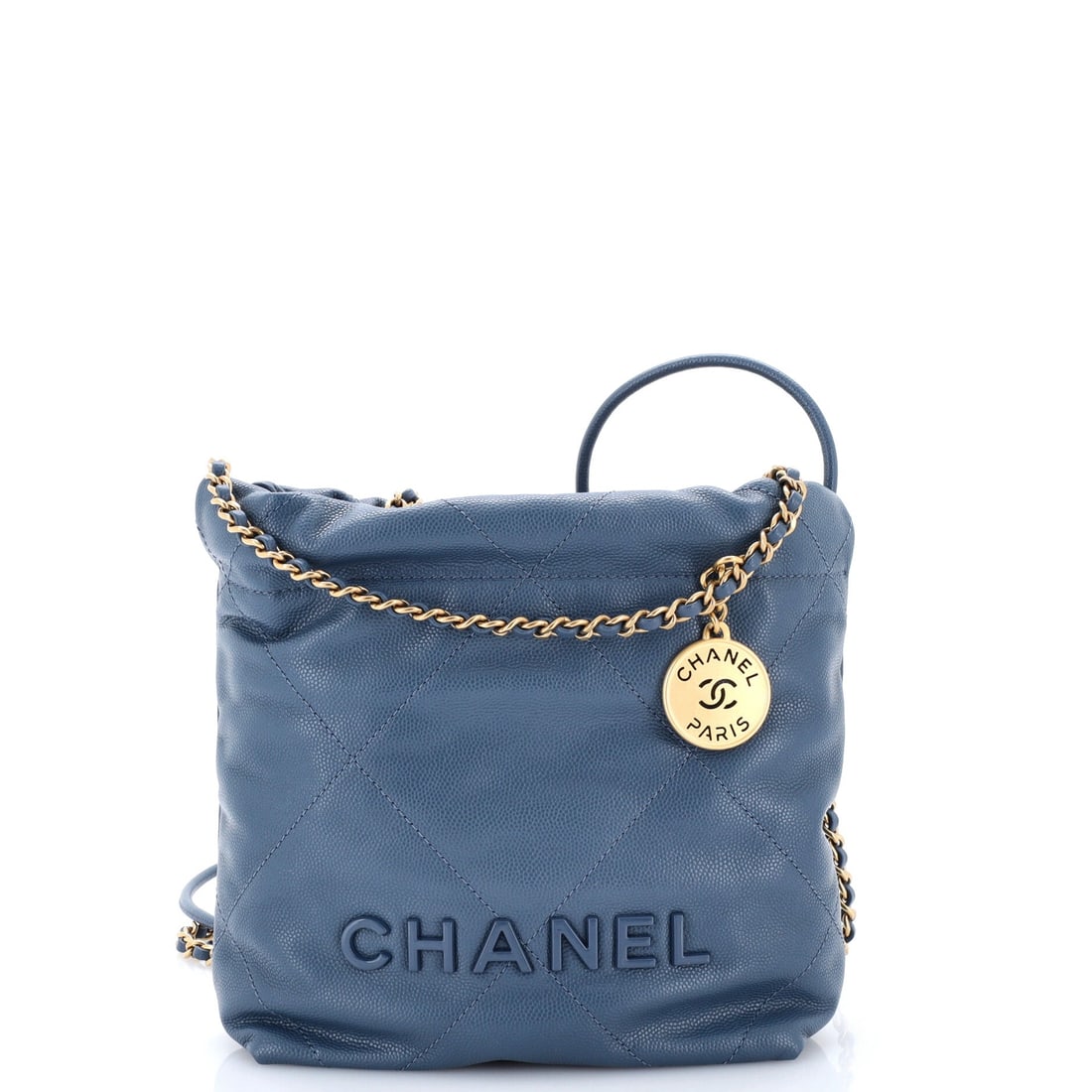 Chanel 22 Chain Hobo Quilted Caviar: Chanel's 22 in quilted caviar, with tonal quilting kept deliberately subtle against the shape. Its drawstring closure means capacity is elastic; it takes a laptop sleeve or cinches down to a pouch. Th