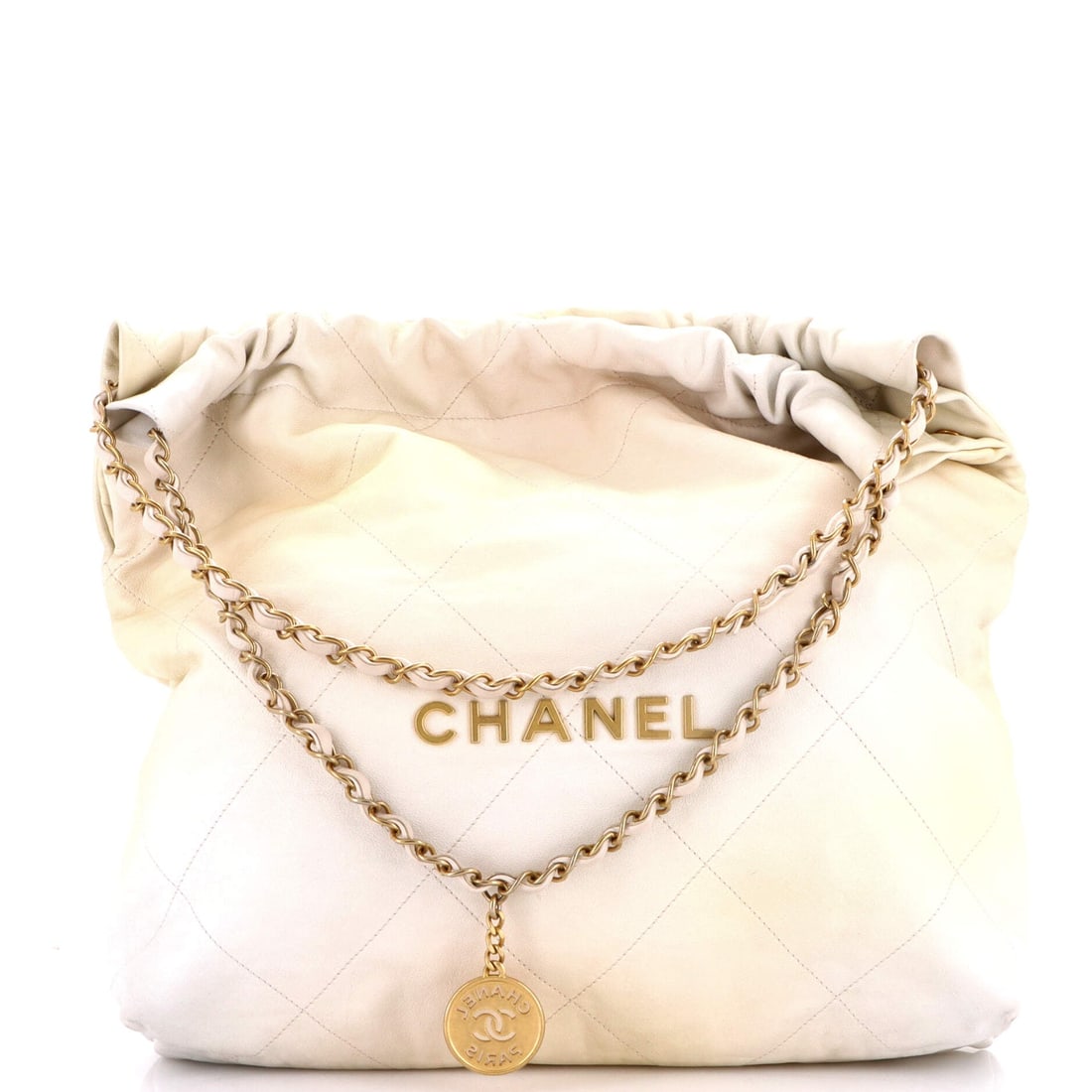 Chanel 22 Chain Hobo Quilted Ombre Leather: Here is the 22 in quilted ombre leather, folding flat when empty. Its drawstring closure means capacity is elastic; it takes a laptop sleeve or cinches down to a pouch. Dimensions run 13.5 inches wide