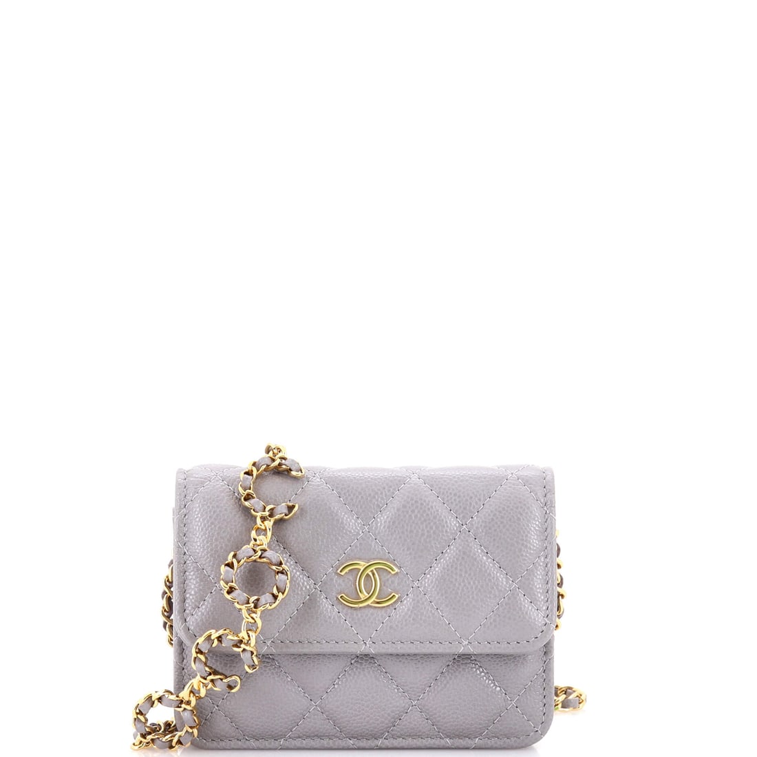 Chanel Miss Coco Strap Flap Clutch with Chain Quilted Caviar: Chanel Miss Coco strap flap clutch in quilted caviar, with logo strap detailing. Clutch proportions keep it to evening use. This is the Mini, at 5W x 3.5H x 1D inches. Logo strapping puts the house na