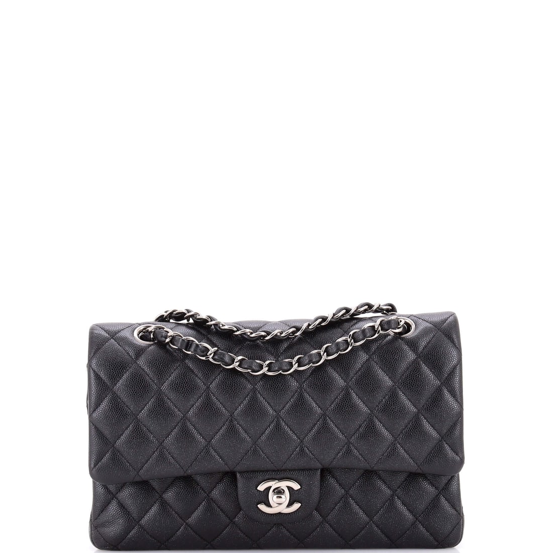 Chanel Classic Double Flap Bag Quilted Iridescent Caviar: Chanel's Classic Double Flap in quilted iridescent caviar, the reference point for the entire quilted-flap category. Doubled, the strap sits at the hip; run long, it falls to a crossbody line. This is