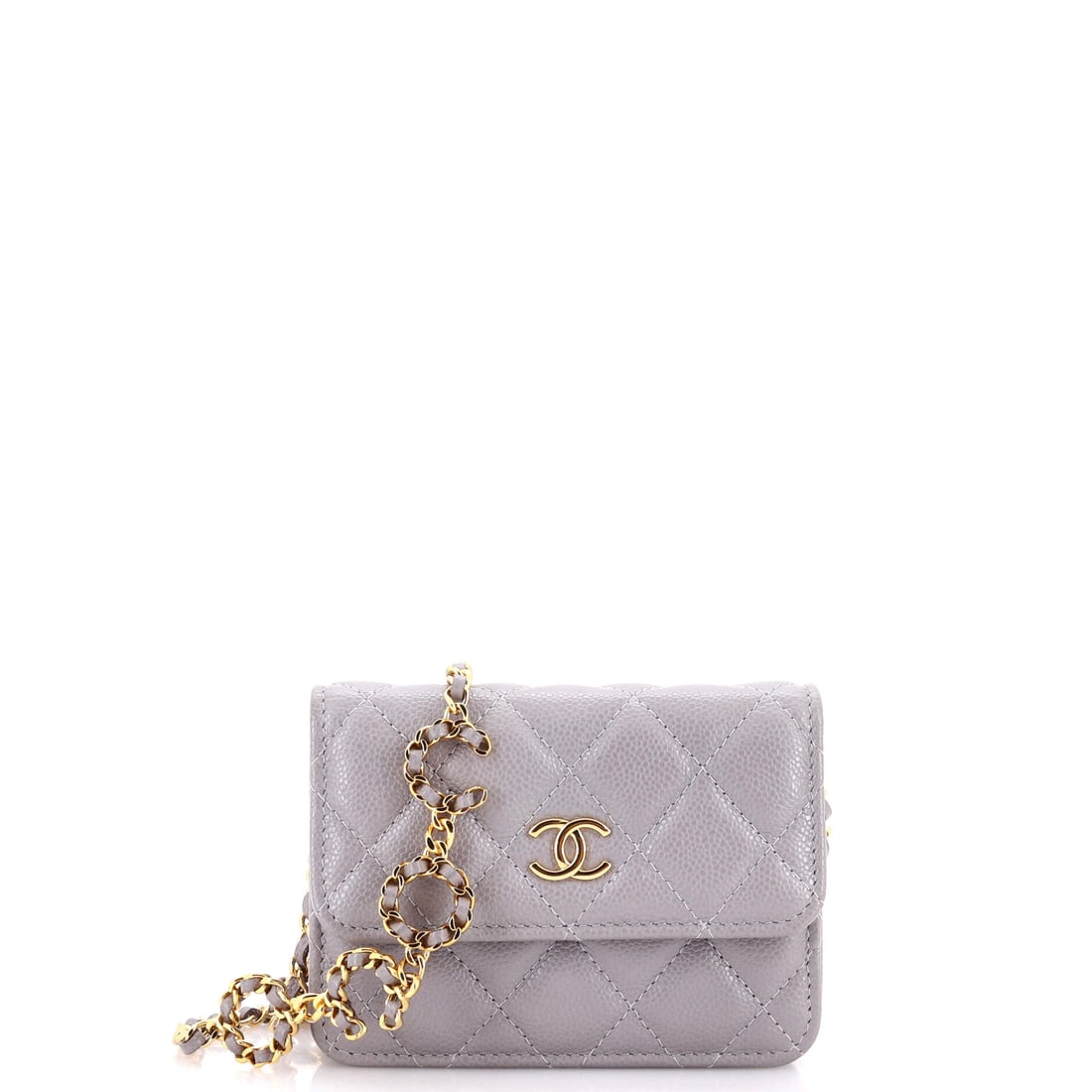 Chanel Miss Coco Strap Flap Clutch with Chain Quilted Caviar: This Miss Coco clutch in quilted caviar carries a branded strap over a quilted flap. Clutch proportions keep it to evening use. This is the Mini, at 5W x 3.5H x 1D inches. Logo strapping puts the hous