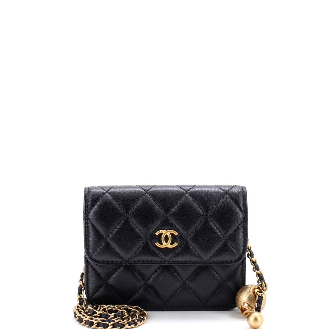 Chanel Pearl Crush Flap Clutch with Chain Quilted Lambskin: This Pearl Crush clutch pairs quilted lambskin with a pearl chain. Clutch scale is where the pearl chain works best, because the load never fights the strand. Scale here is the Mini: 5 inches wide by 