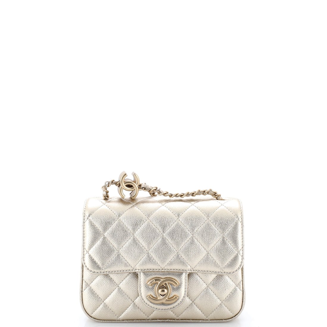 Chanel CC Slide Square Flap Bag Quilted Metallic Caviar: Chanel CC Slide Square Flap Bag in quilted metallic caviar. Doubled at the shoulder or let out to crossbody, the strap covers both ways of wearing it. It measures 7 inches wide by 5 high by 2.5 deep, 
