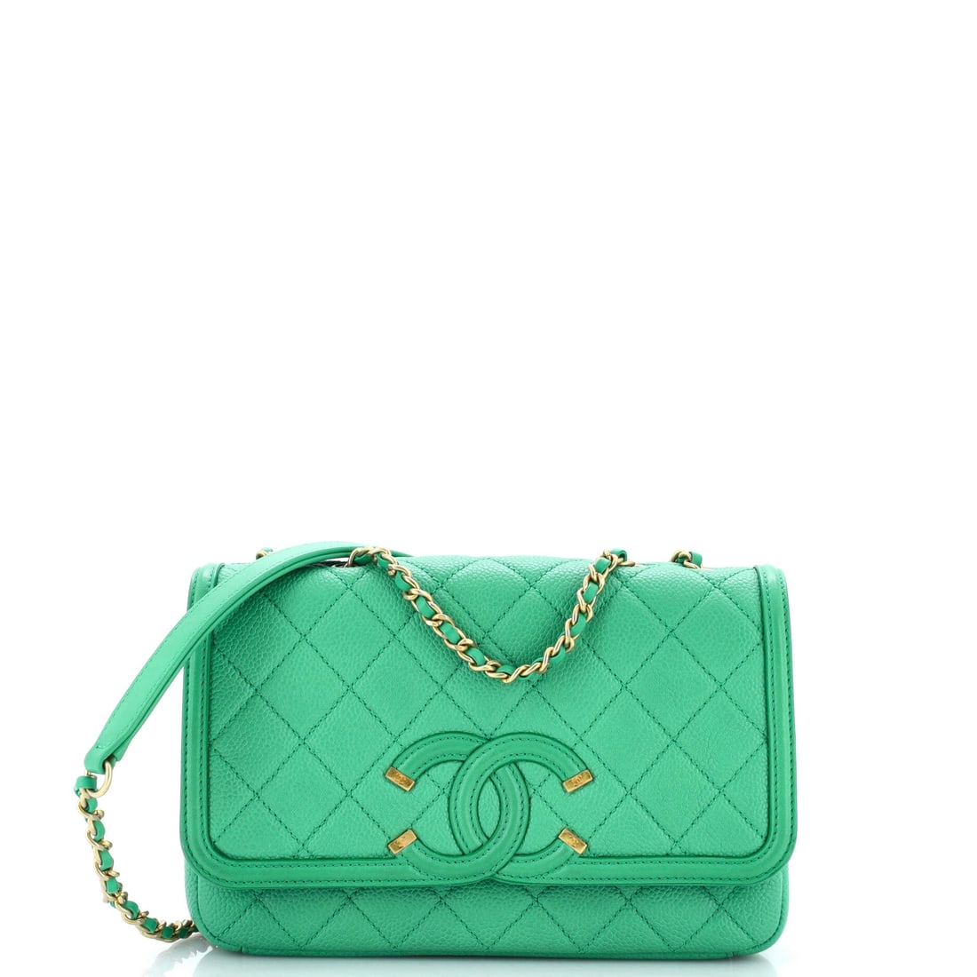 Chanel Filigree Flap Bag Quilted Caviar: This Filigree flap in quilted caviar carries pierced metalwork. It is a decorative treatment over otherwise conventional construction. This is the Small, at 8.5W x 5.5H x 2.5D inches. Openwork hardwar